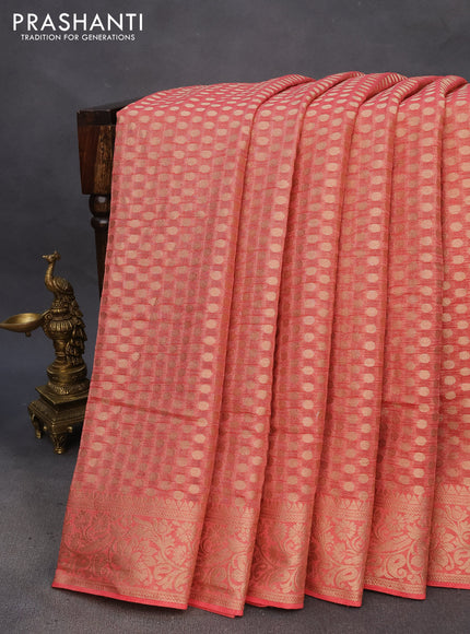 Crushed tissue saree peach pink with allover zari woven buttas and zari woven floral border