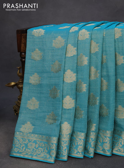 Crushed tissue saree teal blue with zari woven buttas and zari woven floral border