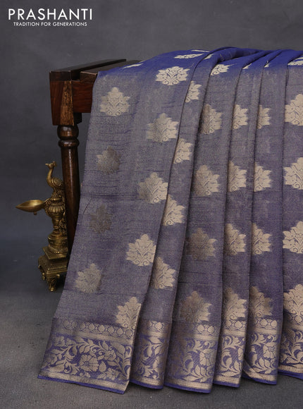 Crushed tissue saree dual shade of dark blue with zari woven buttas and zari woven floral border