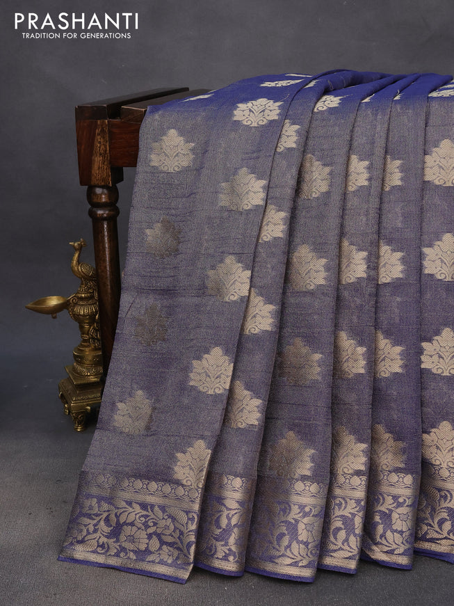 Crushed tissue saree dual shade of dark blue with zari woven buttas and zari woven floral border