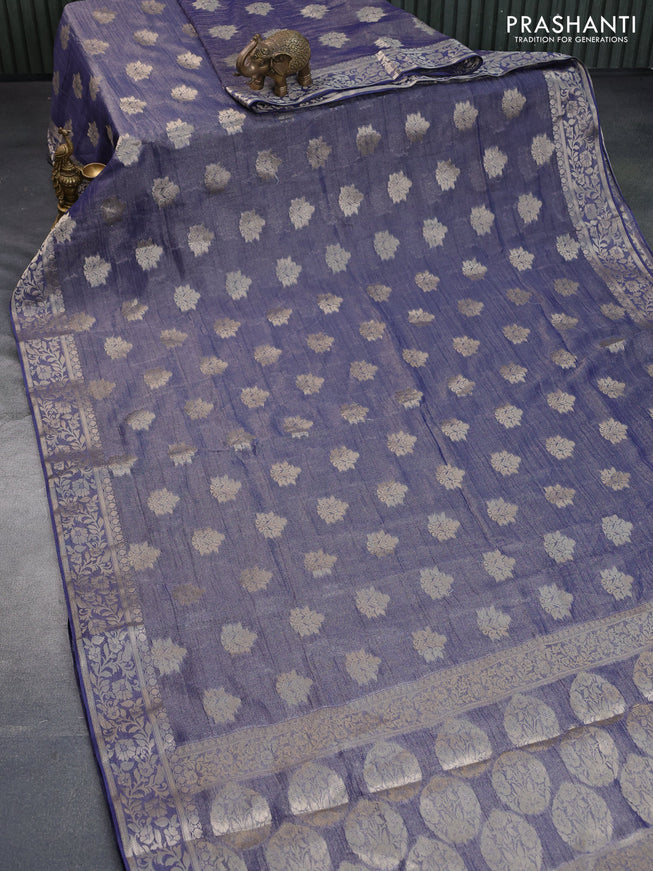 Crushed tissue saree dual shade of dark blue with zari woven buttas and zari woven floral border