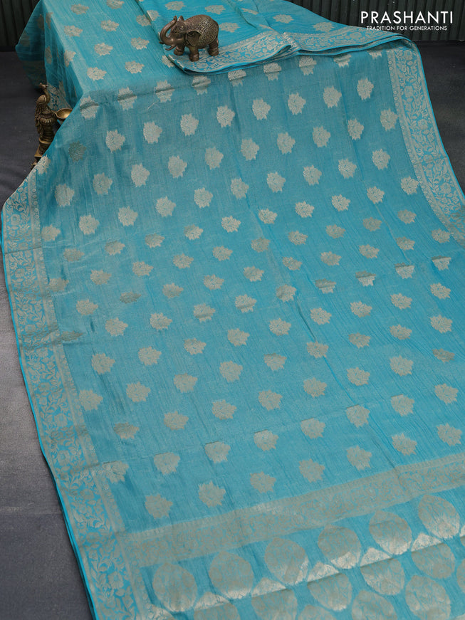 Crushed tissue saree teal blue with zari woven buttas and zari woven floral border