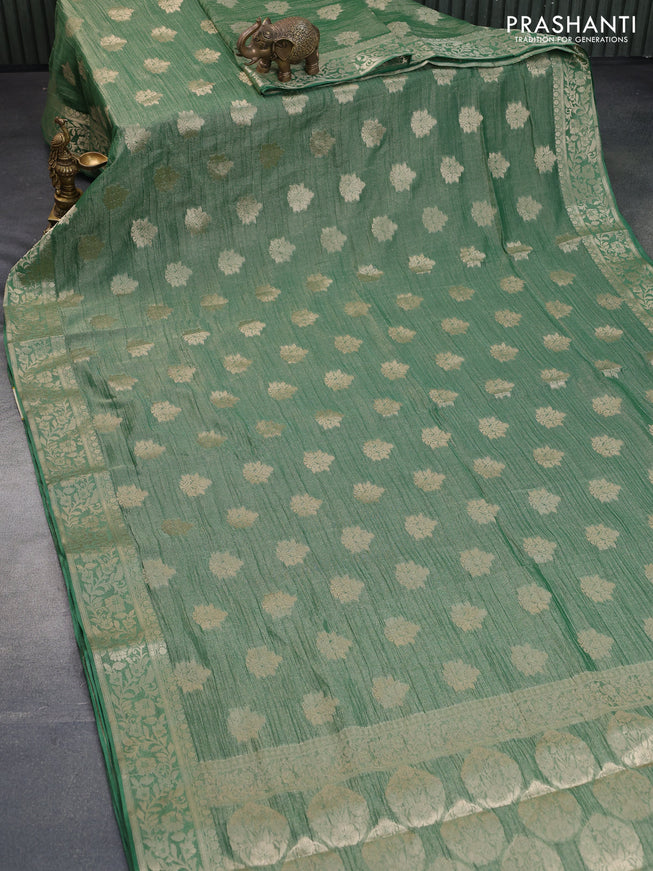 Crushed tissue saree green with zari woven buttas and zari woven floral border