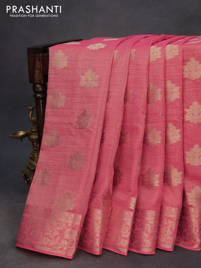 Crushed tissue saree peach pink with zari woven buttas and zari woven floral border