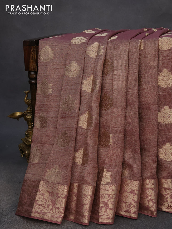 Crushed tissue saree brown shade with zari woven buttas and zari woven floral border