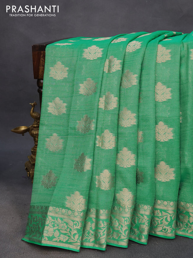 Crushed tissue saree teal green with zari woven buttas and zari woven floral border