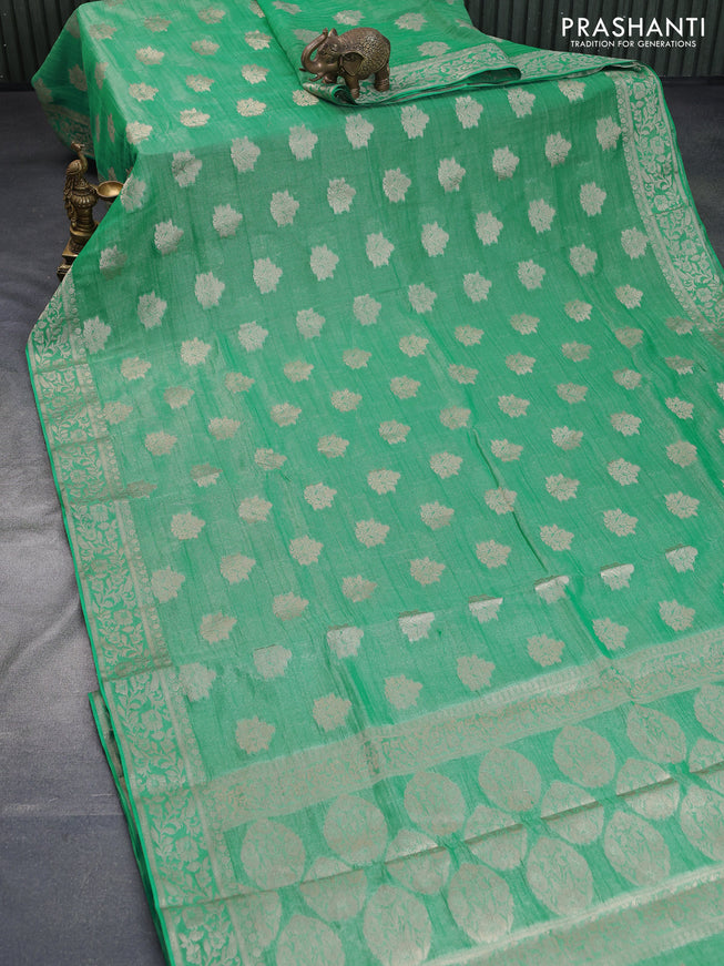 Crushed tissue saree teal green with zari woven buttas and zari woven floral border