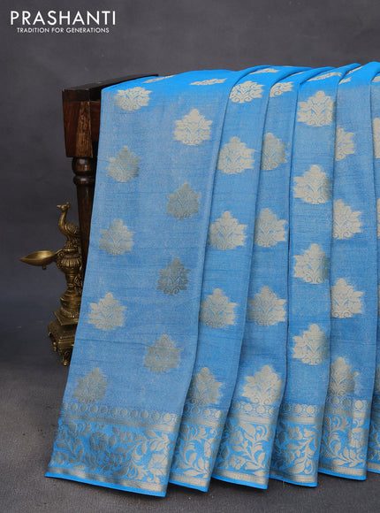 Crushed tissue saree cs blue with zari woven buttas and zari woven floral border