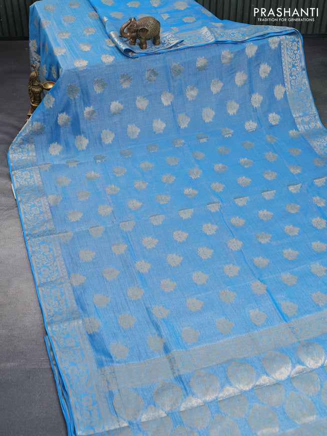 Crushed tissue saree cs blue with zari woven buttas and zari woven floral border