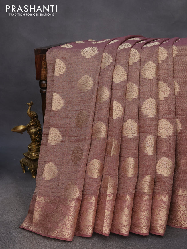 Crushed tissue saree wine shade with zari woven buttas and zari woven floral border