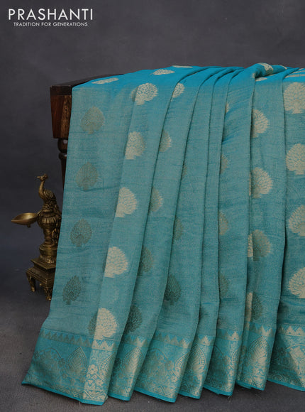 Crushed tissue saree teal blue with zari woven buttas and zari woven floral border