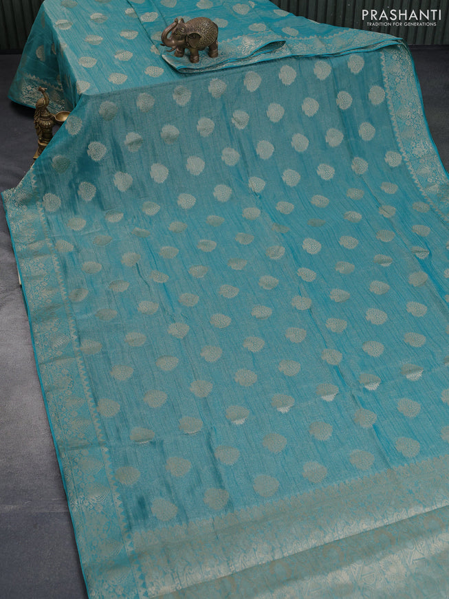 Crushed tissue saree teal blue with zari woven buttas and zari woven floral border