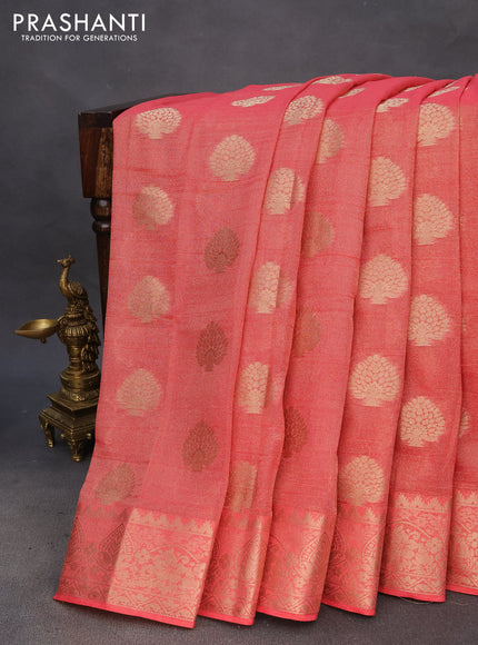 Crushed tissue saree pink with zari woven buttas and zari woven floral border