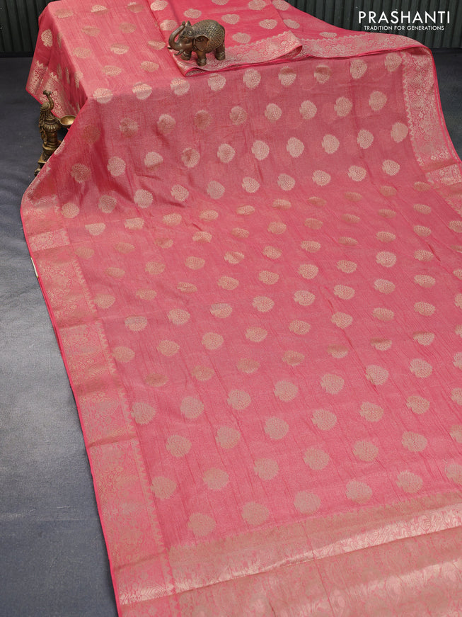 Crushed tissue saree pink with zari woven buttas and zari woven floral border