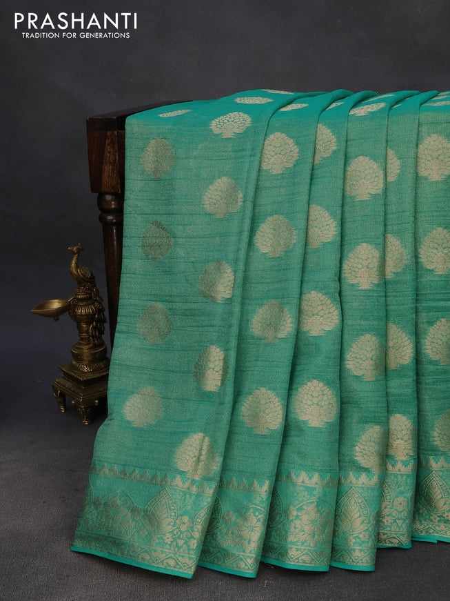 Crushed tissue saree green with zari woven buttas and zari woven floral border