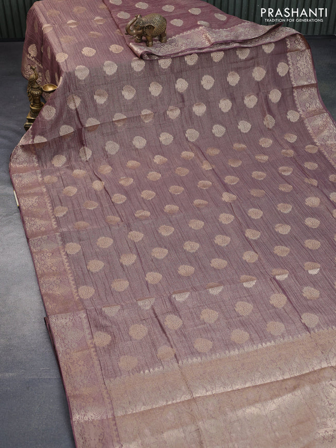 Crushed tissue saree wine shade with zari woven buttas and zari woven floral border