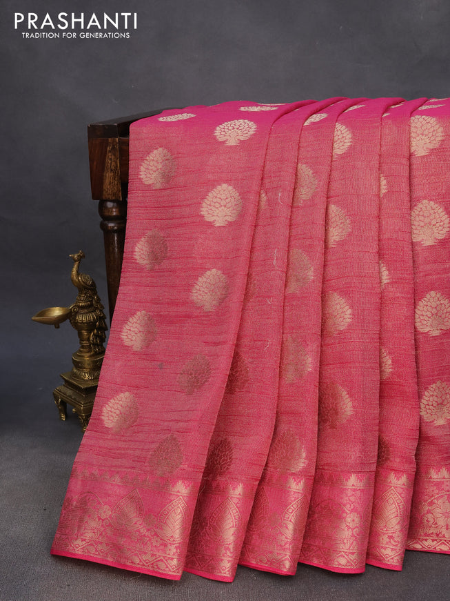 Crushed tissue saree pink with zari woven buttas and zari woven floral border