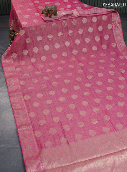 Crushed tissue saree pink with zari woven buttas and zari woven floral border