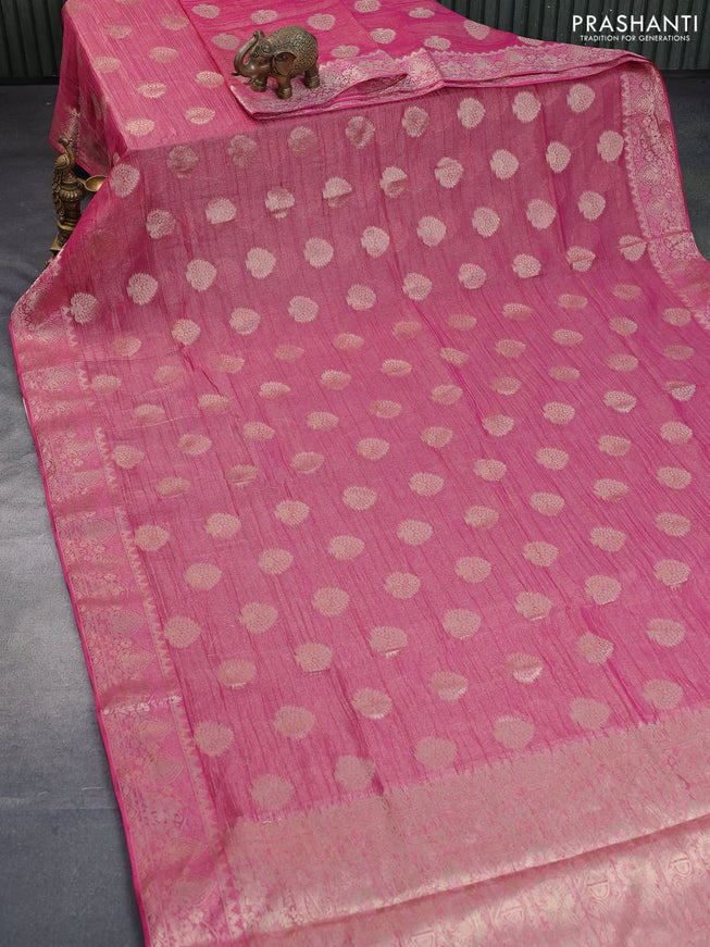 Crushed tissue saree pink with zari woven buttas and zari woven floral border