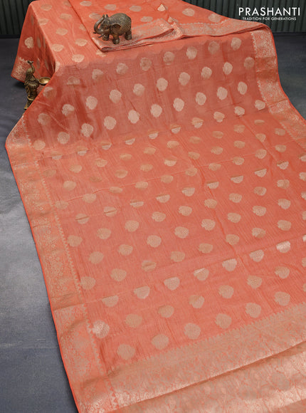 Crushed tissue saree orange with zari woven buttas and zari woven floral border