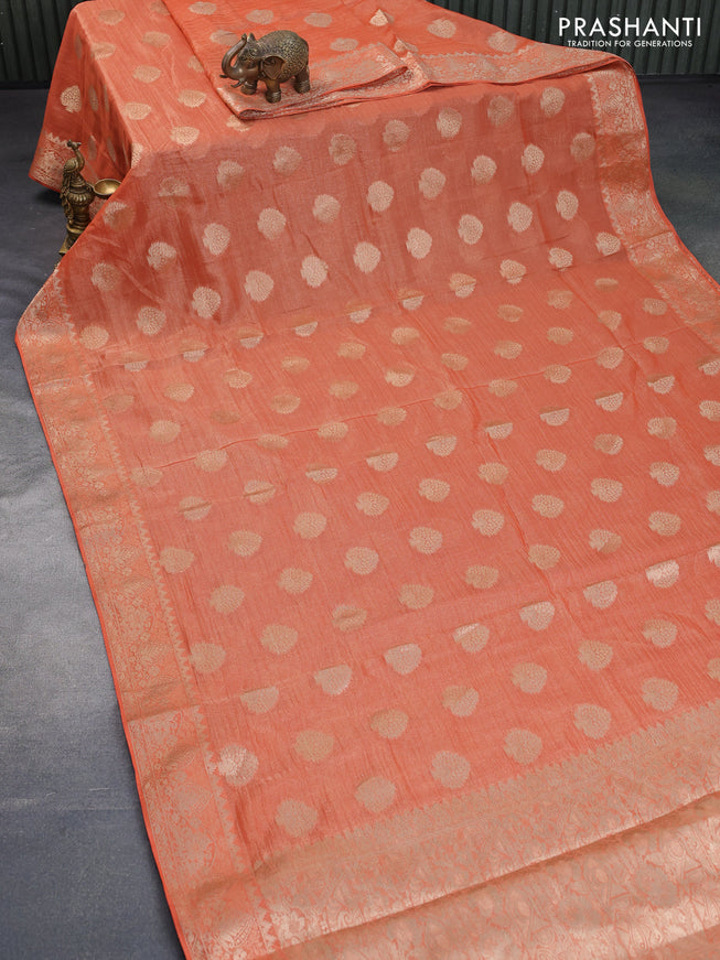 Crushed tissue saree orange with zari woven buttas and zari woven floral border