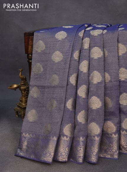 Crushed tissue saree dark blue with zari woven buttas and zari woven floral border