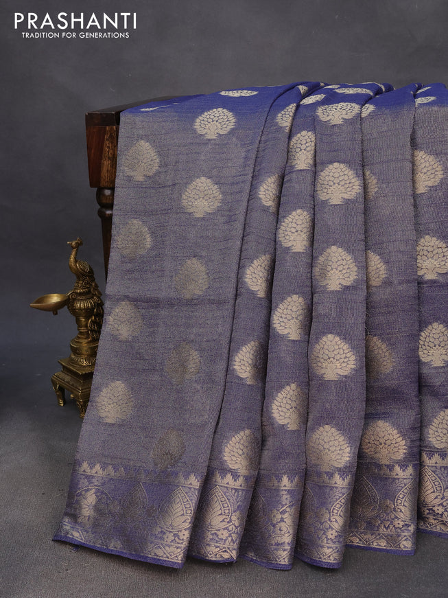 Crushed tissue saree dark blue with zari woven buttas and zari woven floral border