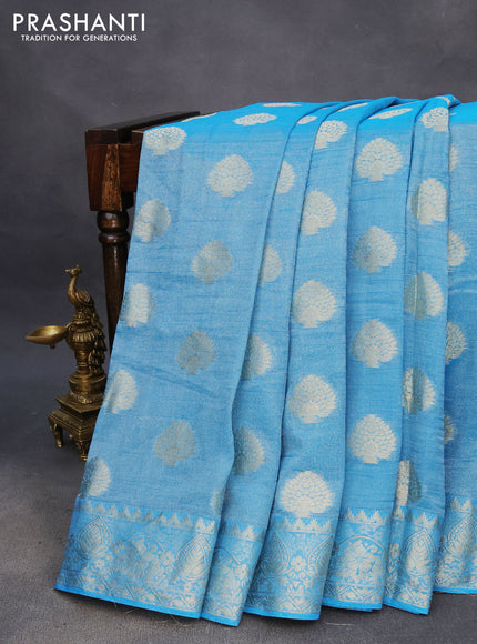 Crushed tissue saree cs blue with zari woven buttas and zari woven floral border