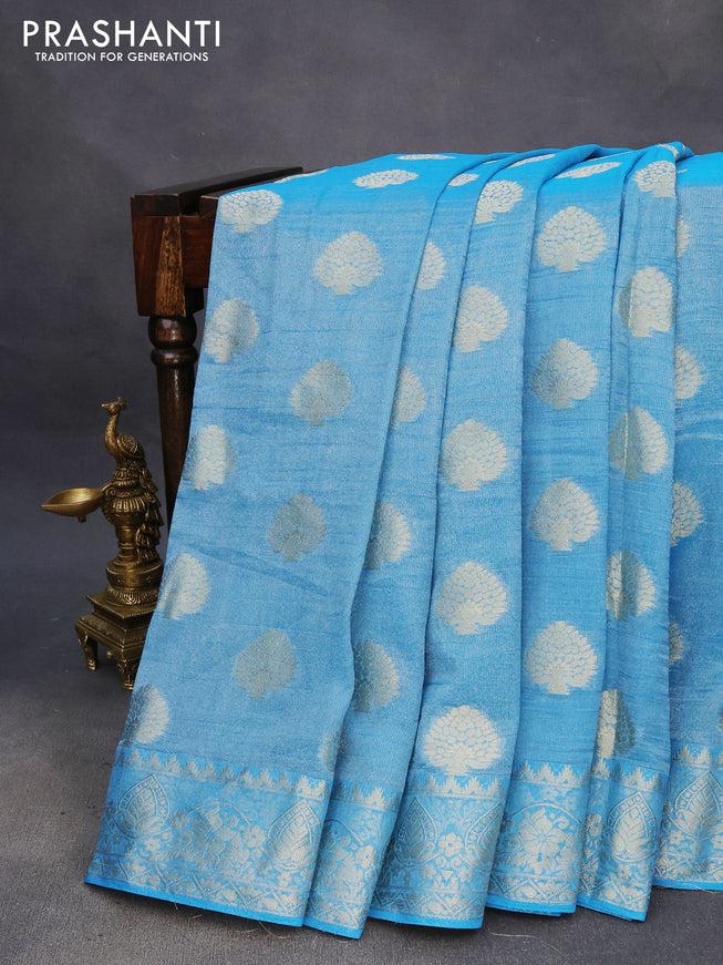 Crushed tissue saree cs blue with zari woven buttas and zari woven floral border