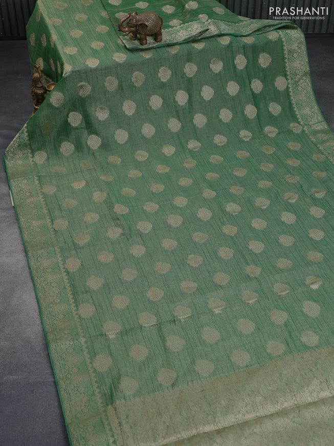 Crushed tissue saree green with zari woven buttas and zari woven floral border