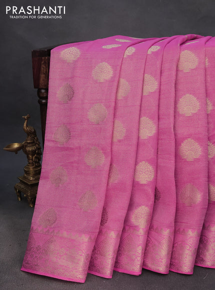 Crushed tissue saree pink with zari woven buttas and zari woven floral border