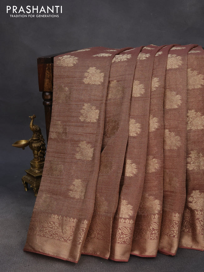 Crushed tissue saree brown with zari woven buttas and zari woven floral border