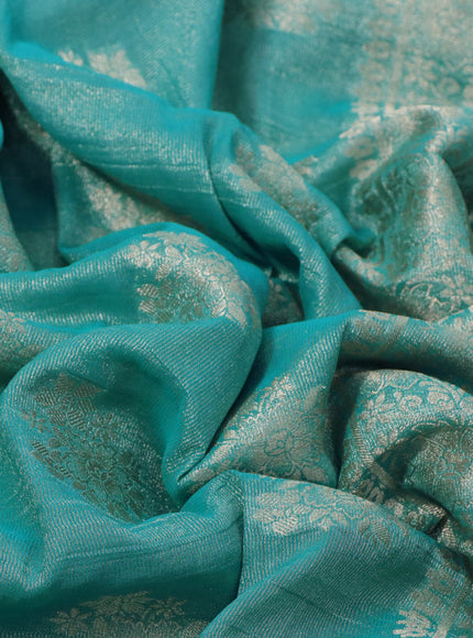 Crushed tissue saree teal blue with zari woven buttas and zari woven floral border