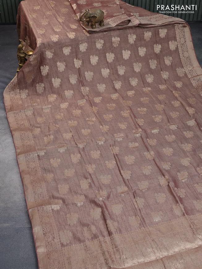 Crushed tissue saree brown with zari woven buttas and zari woven floral border