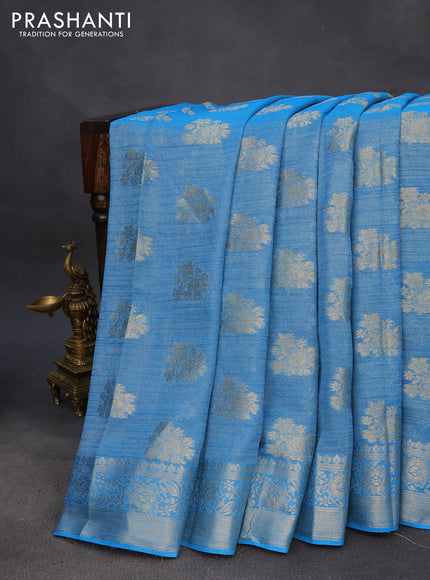 Crushed tissue saree cs blue with zari woven buttas and zari woven floral border