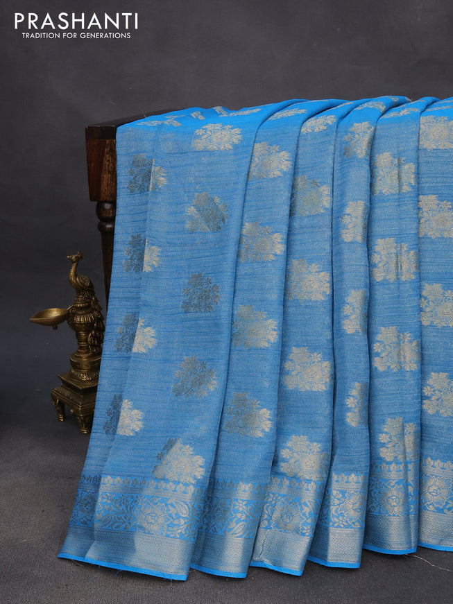 Crushed tissue saree cs blue with zari woven buttas and zari woven floral border