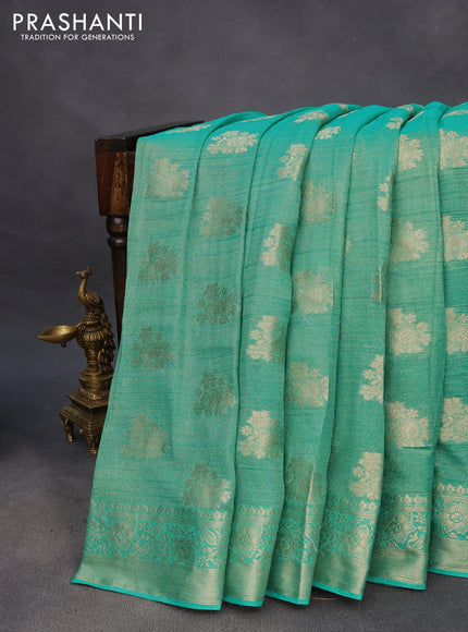 Crushed tissue saree teal green with zari woven buttas and zari woven floral border