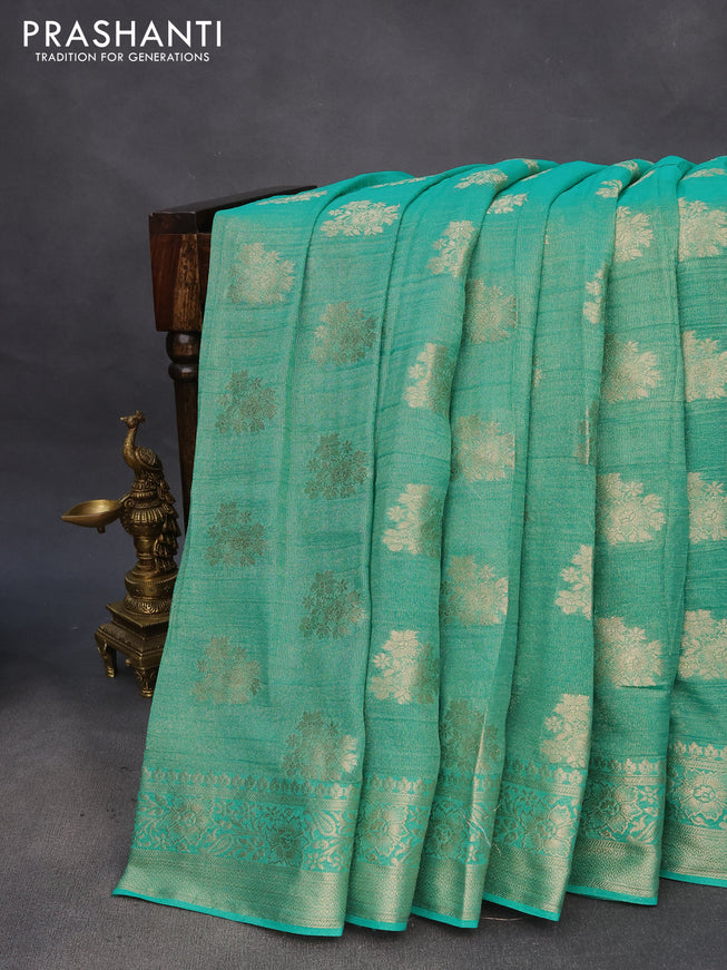 Crushed tissue saree teal green with zari woven buttas and zari woven floral border