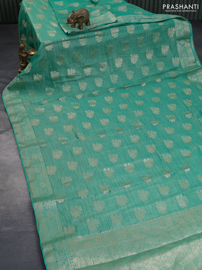 Crushed tissue saree teal green with zari woven buttas and zari woven floral border