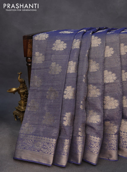 Crushed tissue saree blue with zari woven buttas and zari woven floral border