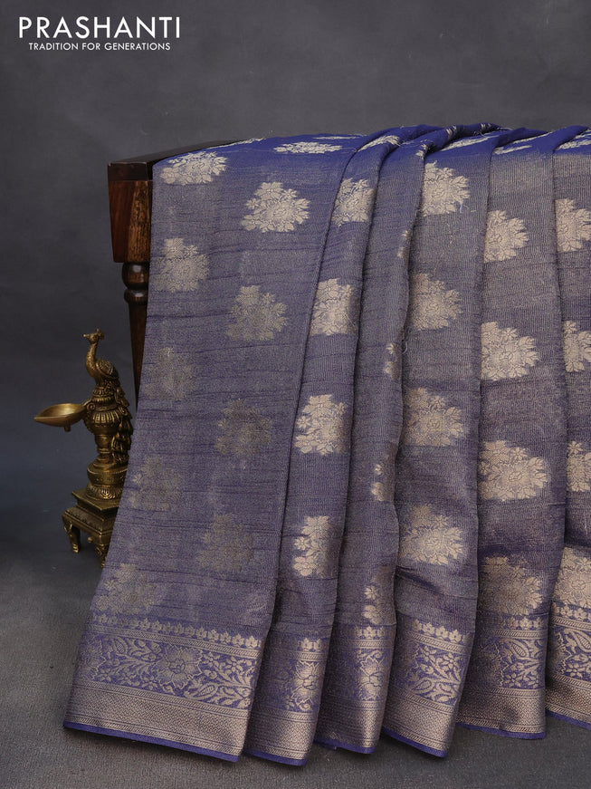 Crushed tissue saree blue with zari woven buttas and zari woven floral border