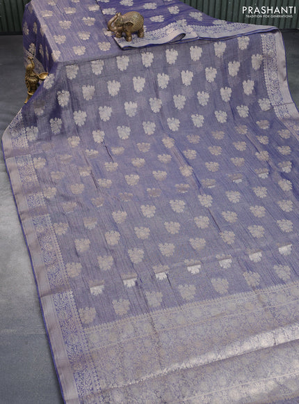 Crushed tissue saree blue with zari woven buttas and zari woven floral border