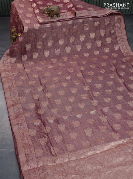 Crushed tissue saree wine shade with zari woven buttas and zari woven floral border