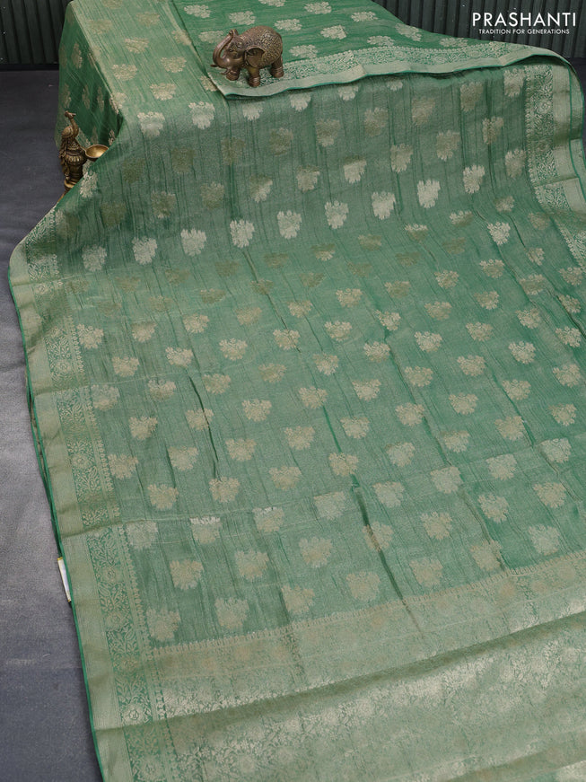 Crushed tissue saree green with zari woven buttas and zari woven floral border