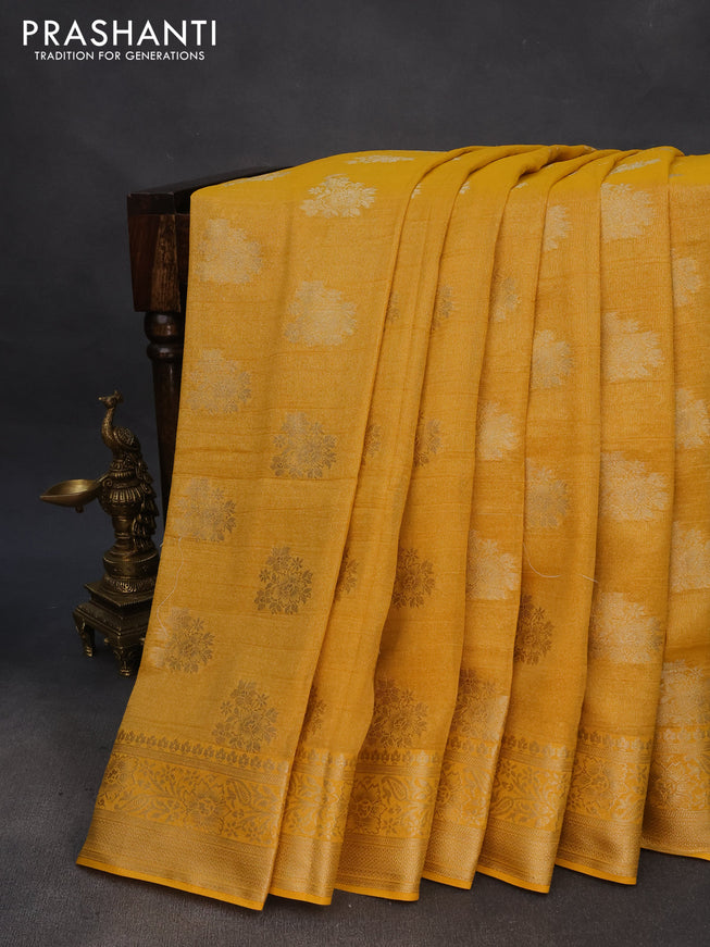 Crushed tissue saree mango yellow with zari woven buttas and zari woven floral border