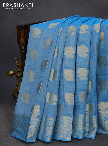 Crushed tissue saree cs blue with zari woven floral buttas and zari woven floral border