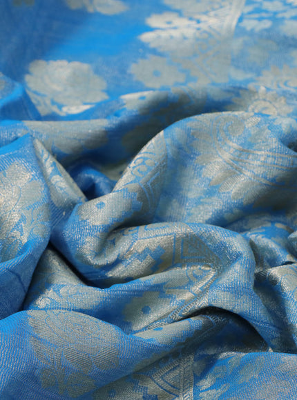 Crushed tissue saree cs blue with zari woven floral buttas and zari woven floral border