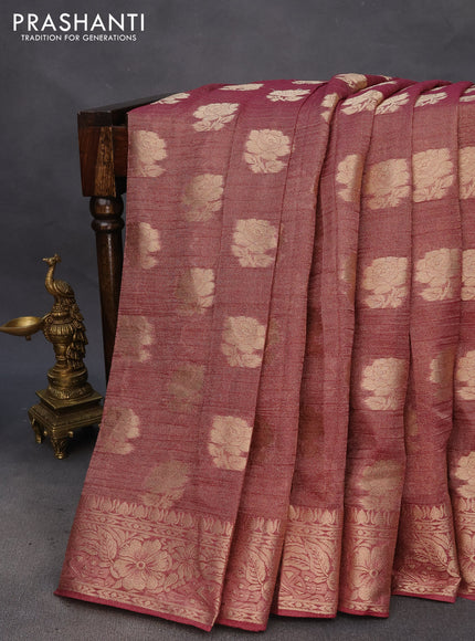 Crushed tissue saree maroon shade with zari woven floral buttas and zari woven floral border