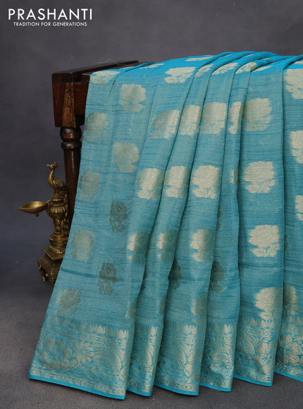 Crushed tissue saree teal blue with zari woven floral buttas and zari woven floral border