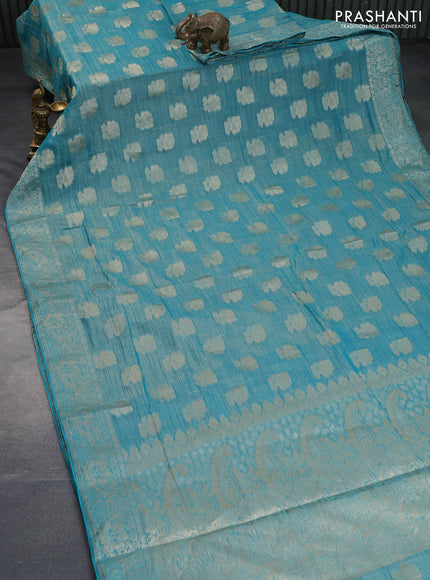 Crushed tissue saree teal blue with zari woven floral buttas and zari woven floral border